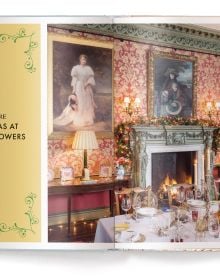 Book cover of Claire Bingham's Home for Christmas, with an interior living room with wood floors and a green Christmas tree decorated with gold baubles. Published by teNeues Books.