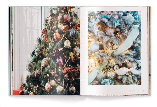 Book cover of Claire Bingham's Home for Christmas, with an interior living room with wood floors and a green Christmas tree decorated with gold baubles. Published by teNeues Books.