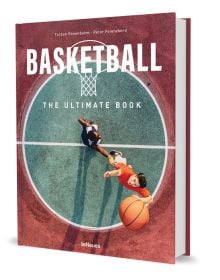 Book cover of Basketball: The Ultimate Book, with an aerial view of two players on court with orange ball. Published by teNeues Books.