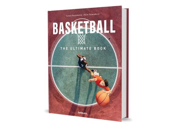 Book cover of Basketball: The Ultimate Book, with an aerial view of two players on court with orange ball. Published by teNeues Books.