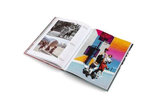 Book cover of Basketball: The Ultimate Book, with an aerial view of two players on court with orange ball. Published by teNeues Books.