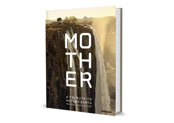 Book cover of Marsel van Oosten's Mother: A Tribute to Mother Earth, with an elephant standing near a waterfall. Published by teNeues Books.