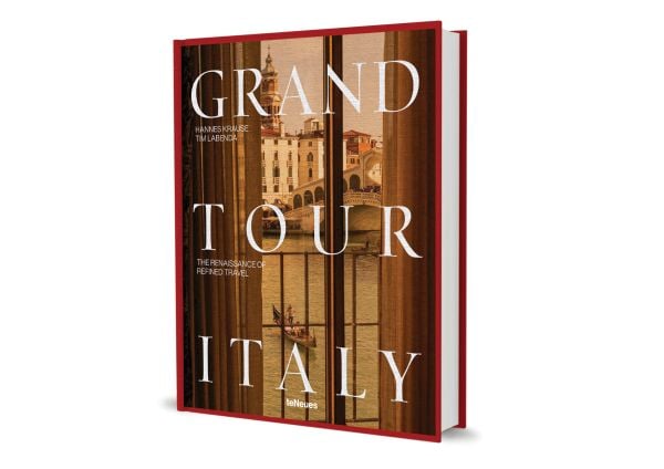 Book cover of Grand Tour Italy: The Renaissance of Refined Travel; featuring a view the Rialto Bridge from a window. Published by teNeues Books.