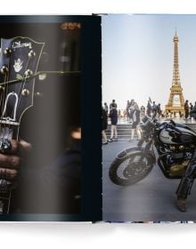 Book cover of Paris Blues, with a couple embracing, and a push bike on a stand behind them. Published by teNeues Books.