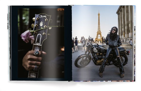 Book cover of Paris Blues, with a couple embracing, and a push bike on a stand behind them. Published by teNeues Books.