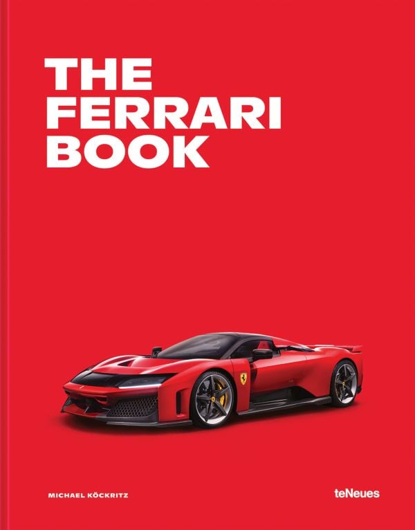 Book cover of The Ferrari Book: featuring a red Ferrari F80. Published by teNeues Books.
