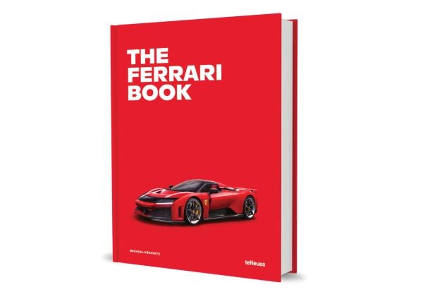 Book cover of The Ferrari Book: featuring a red Ferrari F80. Published by teNeues Books.