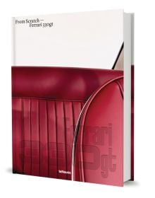 Book cover of Ferrari 330GT: From Scratch, featuring a deep red leather interior of a sports car. Published by teNeues Books.