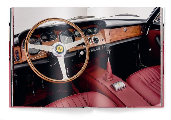 Book cover of Ferrari 330GT: From Scratch, featuring a deep red leather interior of a sports car. Published by teNeues Books.