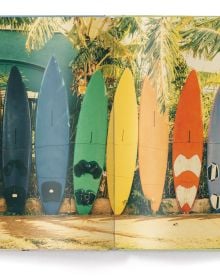 Book cover of The Stylish Life: Surfing; featuring a group of surfers sitting on a white car on the beach. Published by teNeues Books.