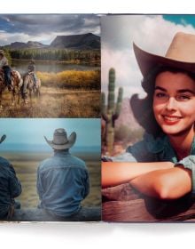 Book cover of The Stylish Life: Cowboys; featuring a cowgirl in pink shirt and hat, sitting on a fence. Published by teNeues Books.