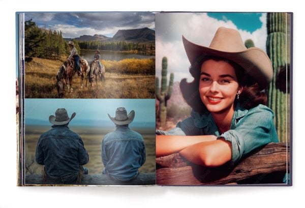 Book cover of The Stylish Life: Cowboys; featuring a cowgirl in pink shirt and hat, sitting on a fence. Published by teNeues Books.