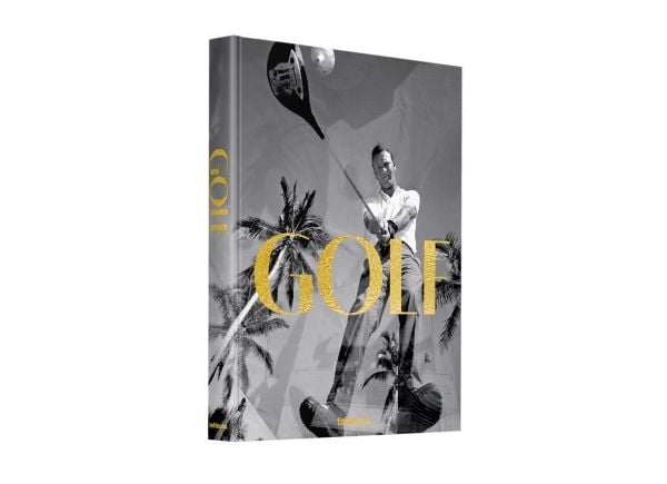 Book cover of GOLF: A Tribute to Golf’s Finest Destinations, Gear, and Icons; with a golfer about to take a shot. Published by teNeues Books.