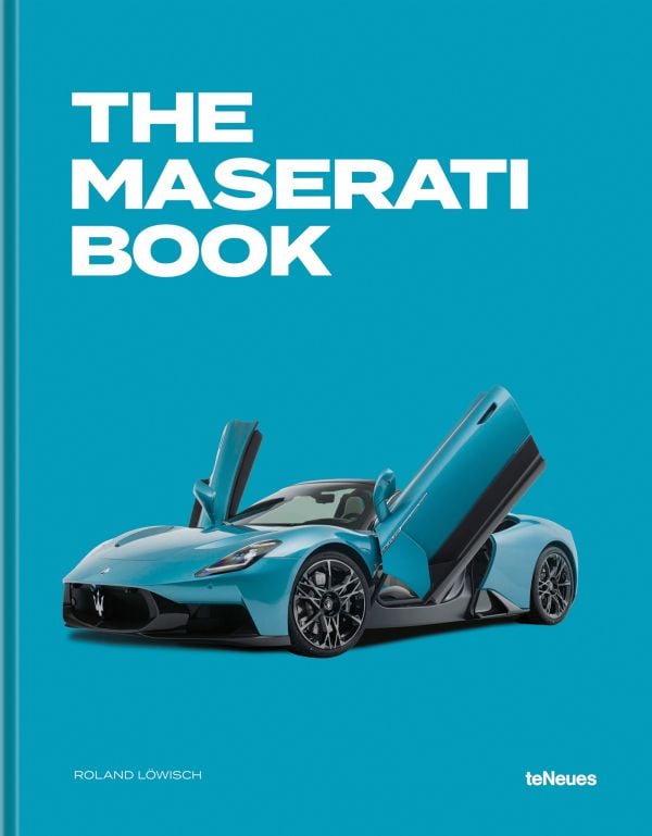 Book cover of The Maserati Book; featuring a car with vertical doors. Published by teNeues Books.