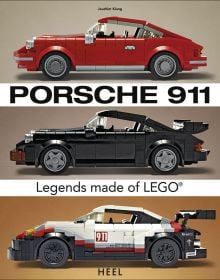 Side profile of three Porsche LEGO models in red, black and white, on cover of 'Porsche 911, Legends Made of LEGO®', by HEEL.