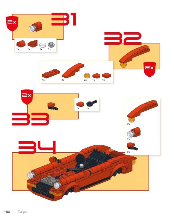 Side profile of three Porsche LEGO models in red, black and white, on cover of 'Porsche 911, Legends Made of LEGO®', by HEEL.