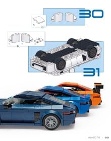 Side profile of three Porsche LEGO models in red, black and white, on cover of 'Porsche 911, Legends Made of LEGO®', by HEEL.