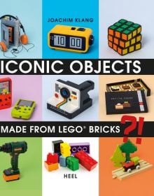 LEGO built models: Rubik's cube, Nintendo, drill, digital clock, on cover of 'Iconic Objects Made From LEGO® Bricks', by HEEL.