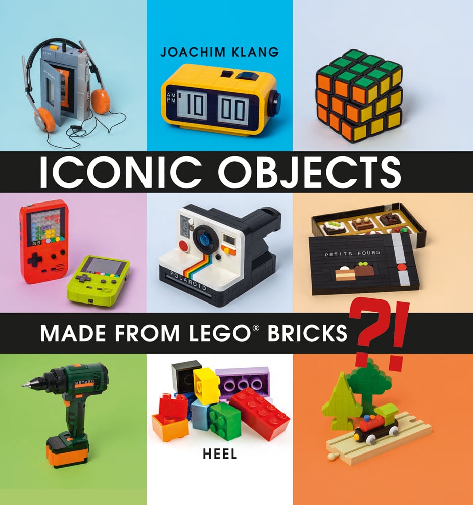 LEGO built models: Rubik's cube, Nintendo, drill, digital clock, on cover of 'Iconic Objects Made From LEGO® Bricks', by HEEL.