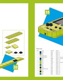 LEGO built models: Rubik's cube, Nintendo, drill, digital clock, on cover of 'Iconic Objects Made From LEGO® Bricks', by HEEL.