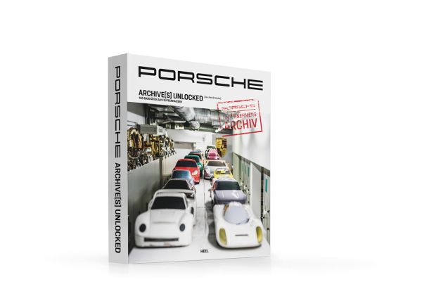 Book cover of Porsche Archive(s) Unlocked: 100 Rarities from Zuffenhausen; featuring two rows of model cars. Published by HEEL.