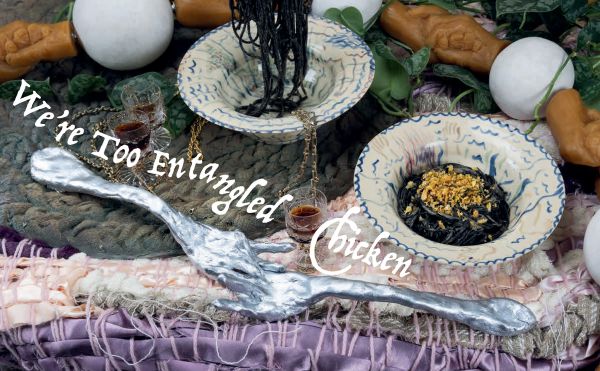 Book cover of If You Can’t Say It with Words, Say It with Chicken, with a painting of chicken thighs in a dish being served up, Published by Verlag Kettler.