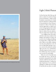 Young Charles Higham in blue shirt and denim shorts, standing in excavated ground, high wall behind, DIGGING DEEP A Journey into Southeast Asia's past in brown font above.