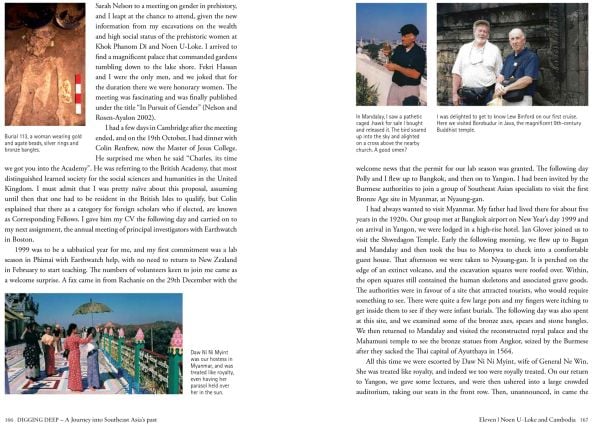 Book cover of Digging Deep: A Journey into Southeast Asia's past, with the British archaeologist in blue shirt and denim shorts, standing in excavated ground, high wall behind. Published by River Books.