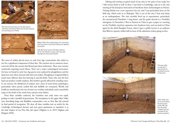 Book cover of Digging Deep: A Journey into Southeast Asia's past, with the British archaeologist in blue shirt and denim shorts, standing in excavated ground, high wall behind. Published by River Books.