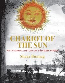 Bangkok landscape, with boats on river, palm trees below, bright orange and gold sun motif above, CHARIOT OF THE SUN in gold font to centre.