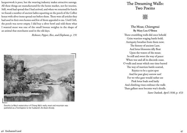 Book cover of Enchanted Land, with Nawarat Bridge over the Ping River, and long-tail boats, in Chiang Mai. Published by River Books.