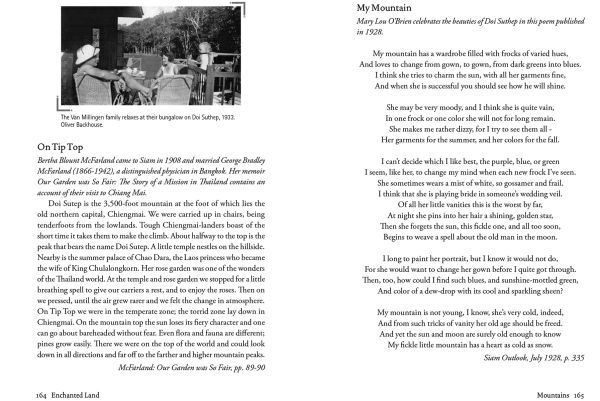 Book cover of Enchanted Land, with Nawarat Bridge over the Ping River, and long-tail boats, in Chiang Mai. Published by River Books.