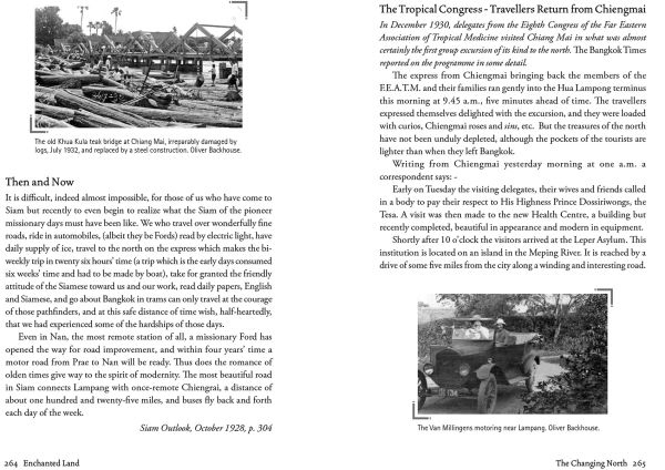 Book cover of Enchanted Land, with Nawarat Bridge over the Ping River, and long-tail boats, in Chiang Mai. Published by River Books.