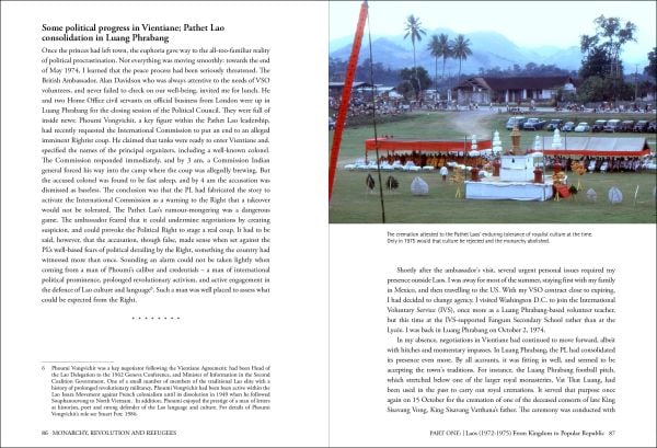 Book cover of Monarchy, Revolution and Refugees: Laos - Thailand - Argentina - Kampuchea, with a group of males sitting on straw bales, some smoking and drinking. Published by River Books.