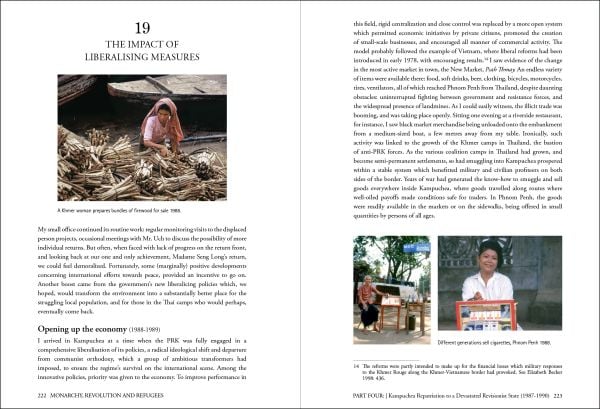 Book cover of Monarchy, Revolution and Refugees: Laos - Thailand - Argentina - Kampuchea, with a group of males sitting on straw bales, some smoking and drinking. Published by River Books.