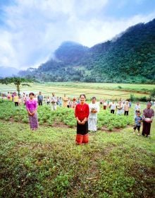 Book cover of Tai: A Woven Culture, with rice fields with workers in colourful clothes smiling at camera. Published by River Books.