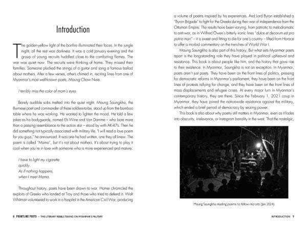 Book cover of Frontline Poets: The Literary Rebels Taking on Myanmar's Military; featuring a solider reading a book. Published by River Books.