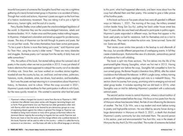 Book cover of Frontline Poets: The Literary Rebels Taking on Myanmar's Military; featuring a solider reading a book. Published by River Books.