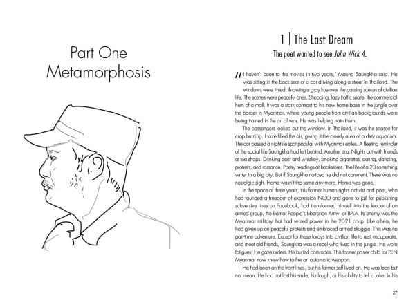 Book cover of Frontline Poets: The Literary Rebels Taking on Myanmar's Military; featuring a solider reading a book. Published by River Books.