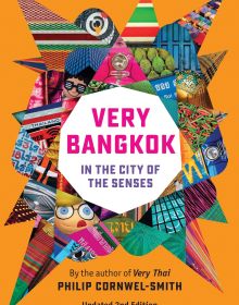 Book cover of Very Bangkok, In the City of the Senses, with sections of brightly coloured travel photography. Published by River Books.