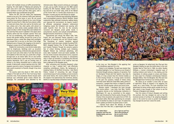 Book cover of Very Bangkok, In the City of the Senses, with sections of brightly coloured travel photography. Published by River Books.