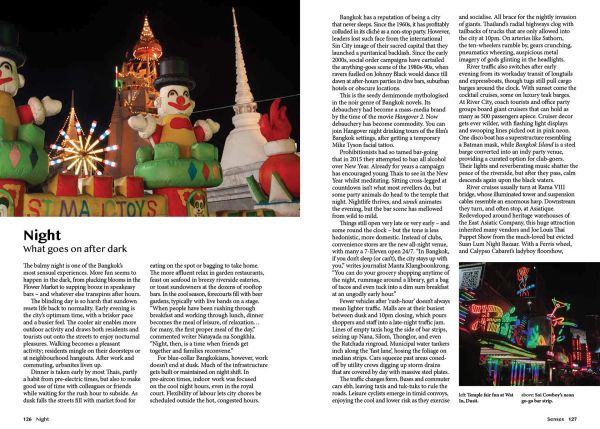 Book cover of Very Bangkok, In the City of the Senses, with sections of brightly coloured travel photography. Published by River Books.