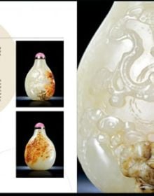 Book cover of The Lotus Pond Collection of Chinese Snuff Bottles, with a carved agate Chinese snuff bottle decorated with a bird perched on a branch. Published by CA Book Publishing.