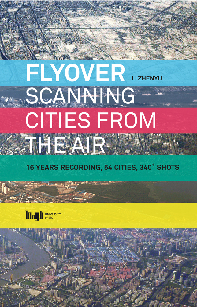 Photo montage of aerial cityscapes with river, FLYOVER SCANNING CITIES FROM THE AIR in white font on blue and red banners