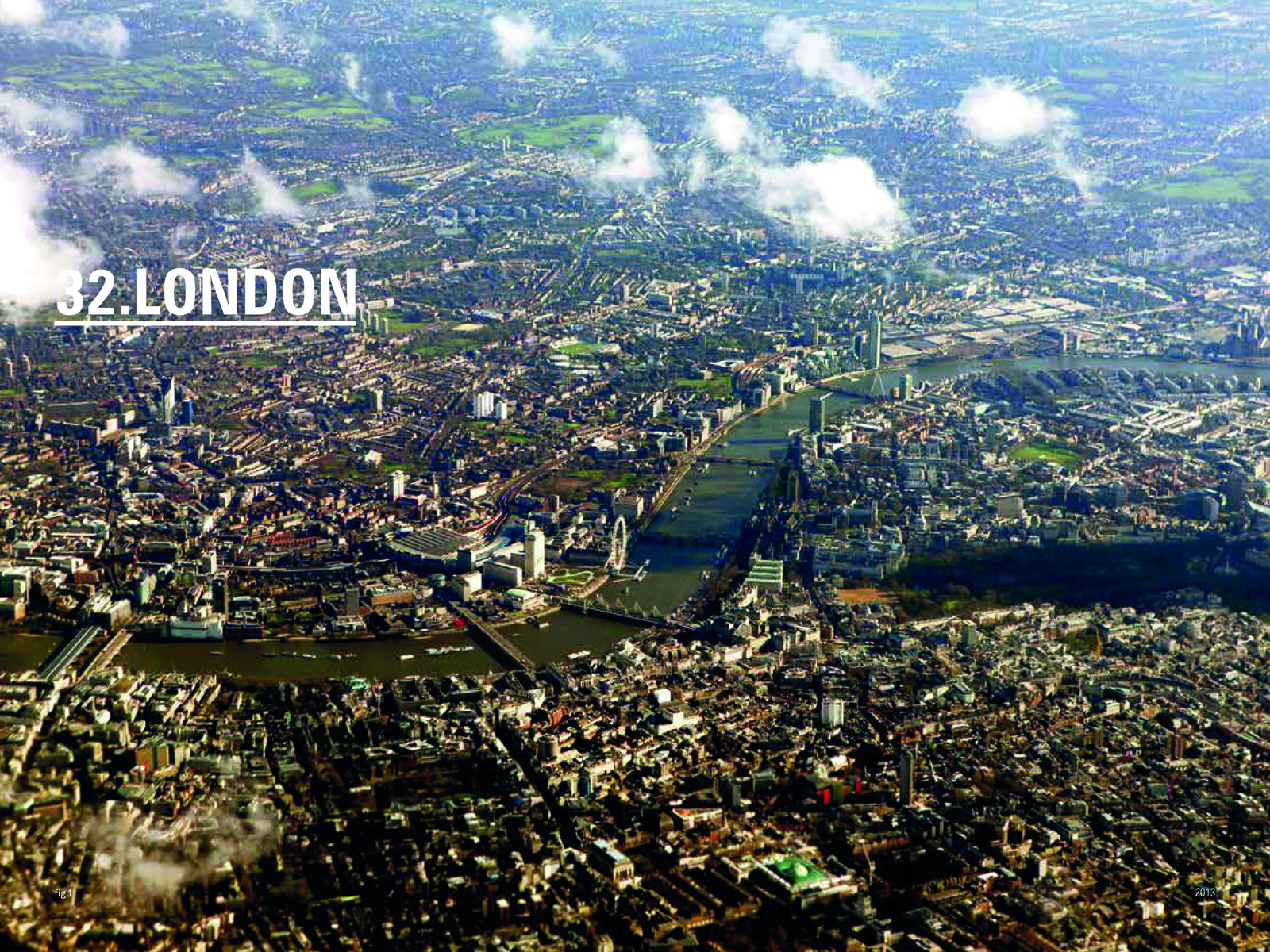 Photo montage of aerial cityscapes with river, FLYOVER SCANNING CITIES FROM THE AIR in white font on blue and red banners