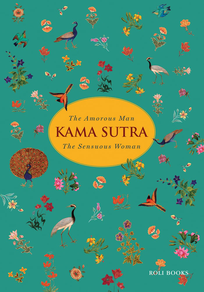 Long necked birds surrounded by flowers, on turquoise cover, The Amorous Man KAMA SUTRA The Sensuous Woman in turquoise and dark red font on yellow oval to centre.