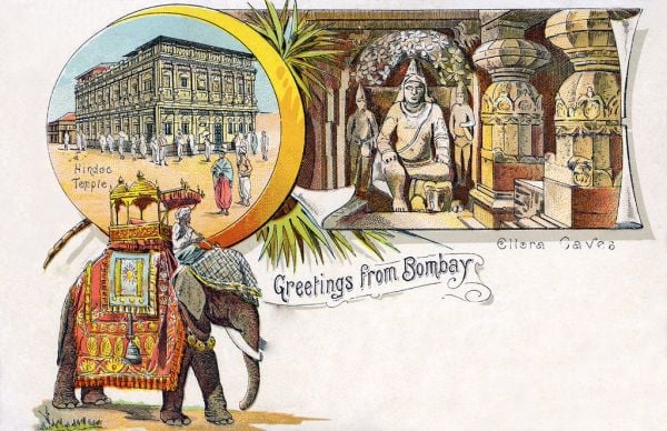 Book cover of Paper Jewels: Postcards from the Raj, with two Indian men: one with sword and one carrying a sack. Published by Mapin Publishing.