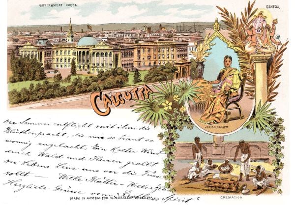Book cover of Paper Jewels: Postcards from the Raj, with two Indian men: one with sword and one carrying a sack. Published by Mapin Publishing.