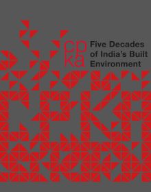 Grey cover with small red triangle shapes arranged to spell CPKA with CPKA Five Decades of India's Built Environment in red and black font