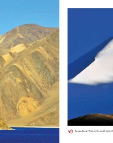 Breath taking photograph of white building complex up a mountainous landscape, Finding Shangri-La in orange font